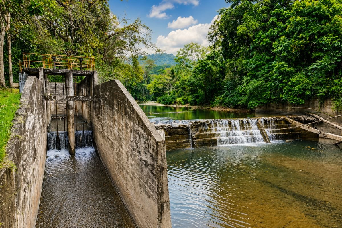 Estructura de captación hidráulica con vertedero y cascada en proyecto GMS Ingenieros - Estudios hidrológicos e hidráulicos